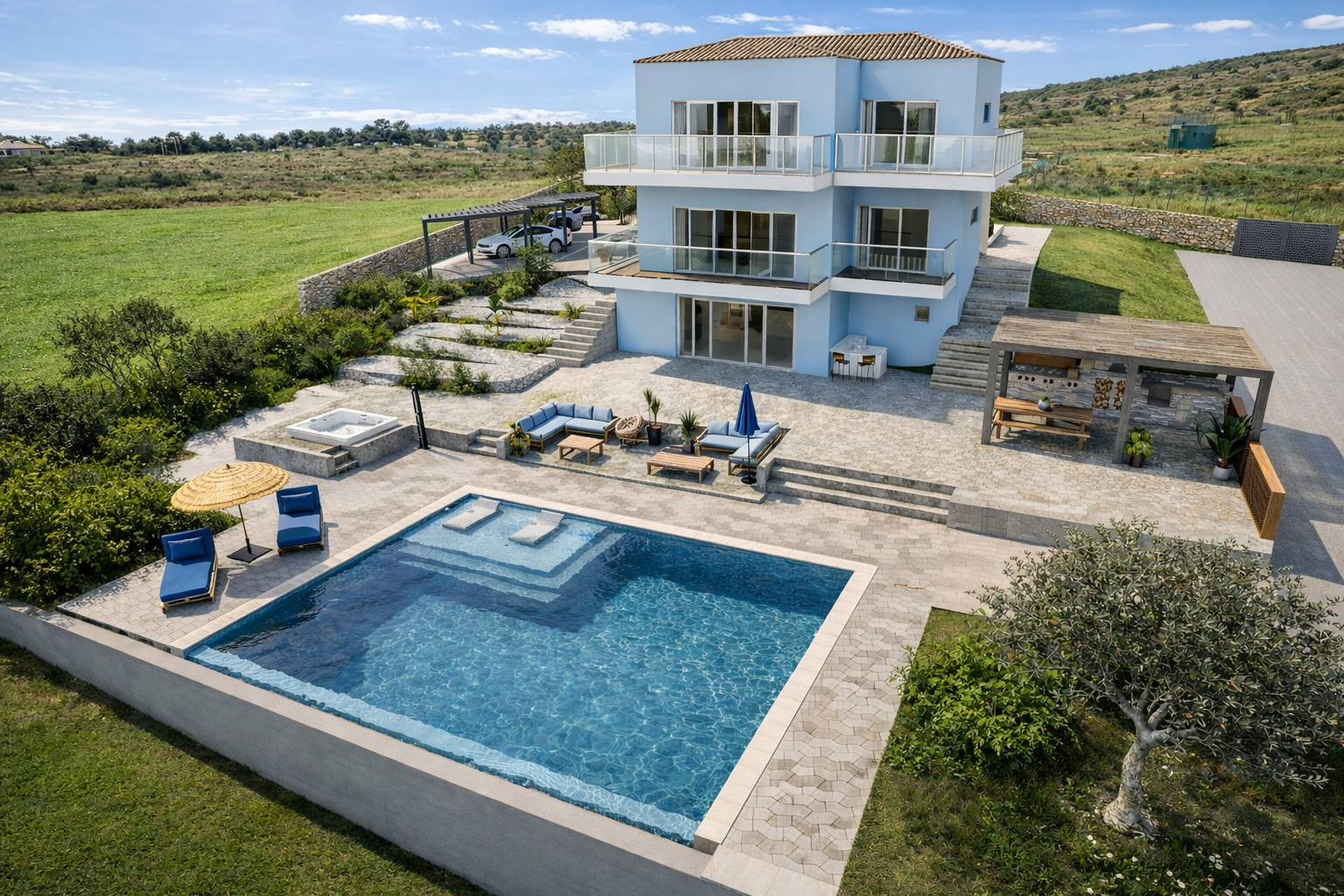 Villa Pandora exterior with private pool at sunset